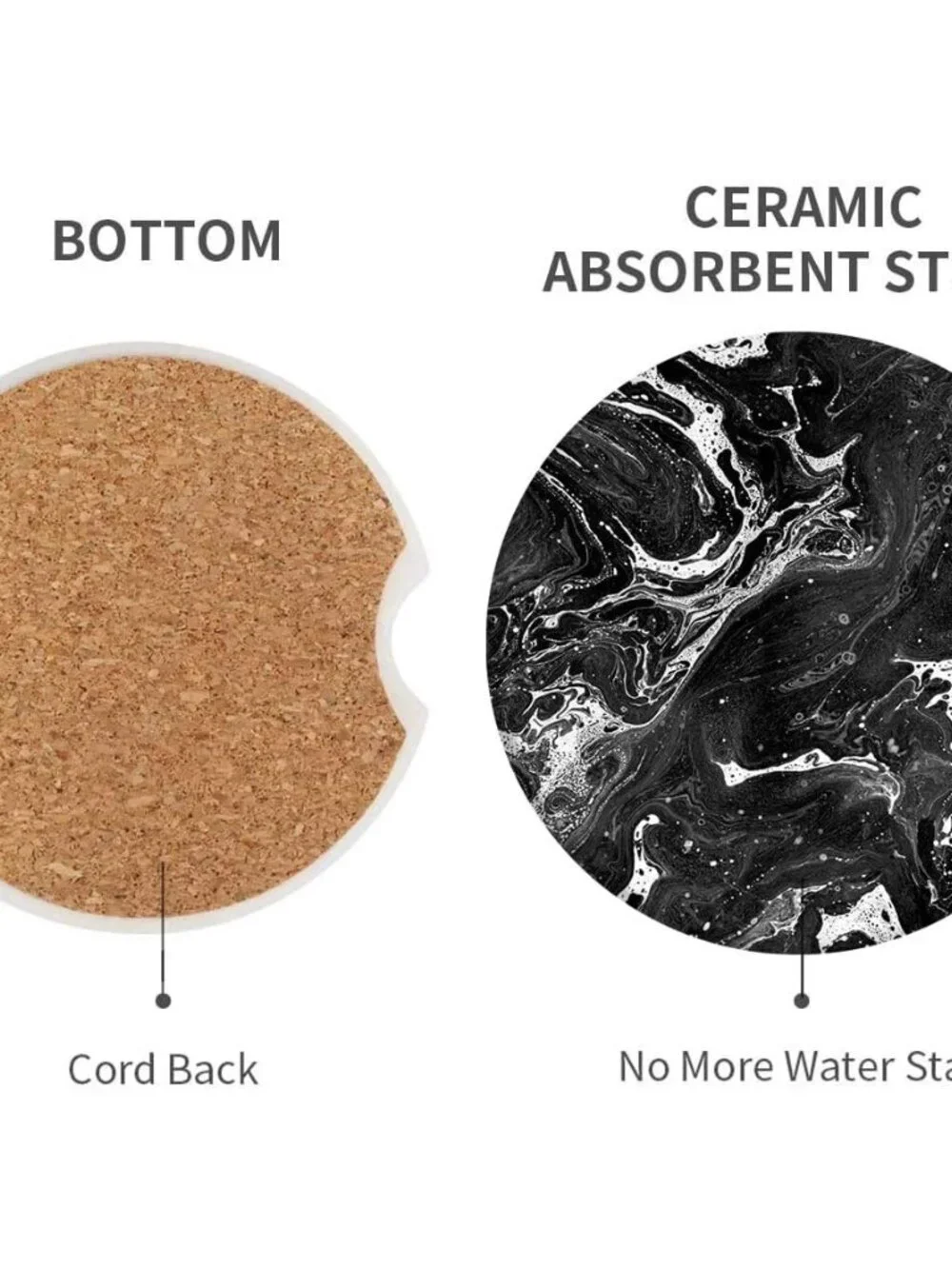 Car Coasters for Drinks, 2 Pcs Ceramic Stone 2.56 Inch, Black